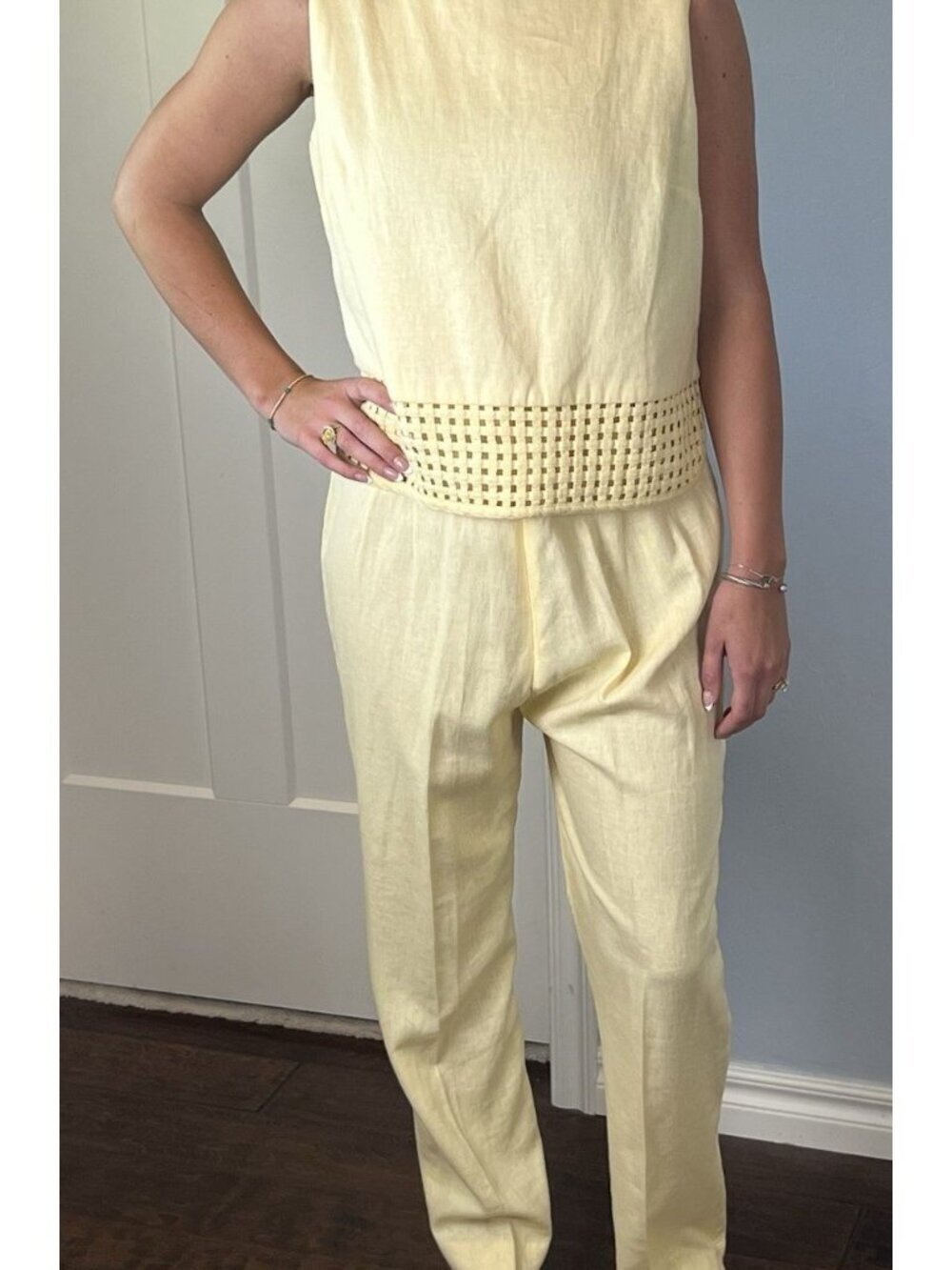 Vintage John Roberts Linen Blend Pants Set Butter Yellow Lattice Trim Size 8